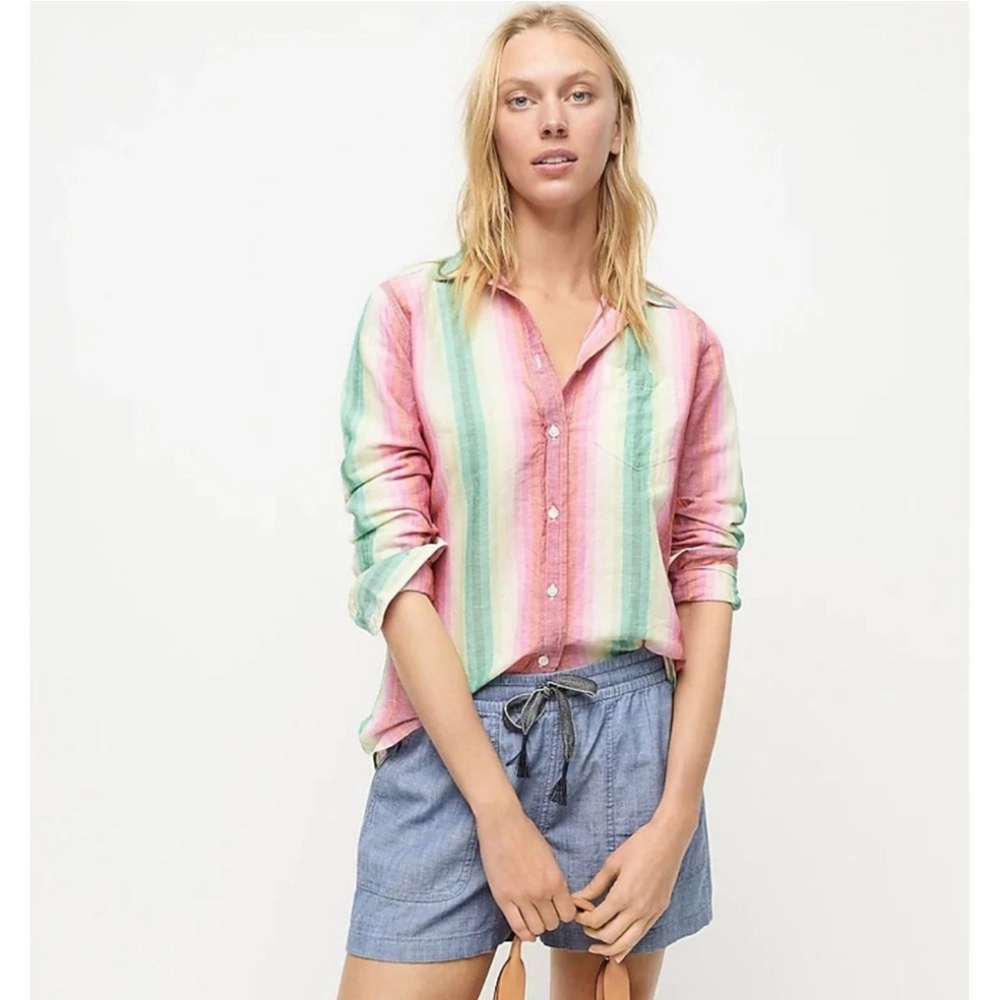 J.Crew Classic-fit Boy Linen Shirt Rainbow Stripe Relaxed Fit Women's Size 6